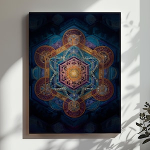 May include: A canvas print featuring a geometric design with a central star-like shape. The artwork uses a palette of blues, purples, and gold, creating a symmetrical and intricate pattern. The overall theme is spiritual or abstract.