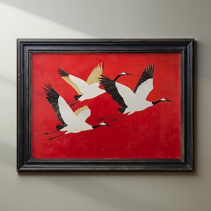 Japanese Cranes Wall Art Poster Print Red Japandi Mid Century Wall Decor Modern Home Decor Minimalist Eclectic Vintage Painting Poster