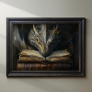 Book Dragon Poster Print Dark Academia Wall Art Fantasy Book Lover Wall Decor Antique Vintage Oil Painting Library Bookworm Matte Poster