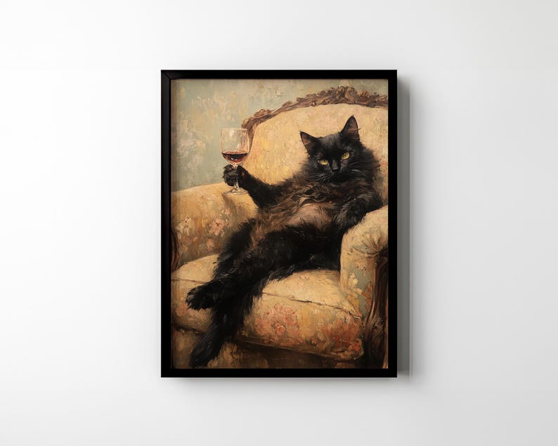 Black Cat Wine Wall Art Desert Funny Cat Wall Decor Vintage Oil ...