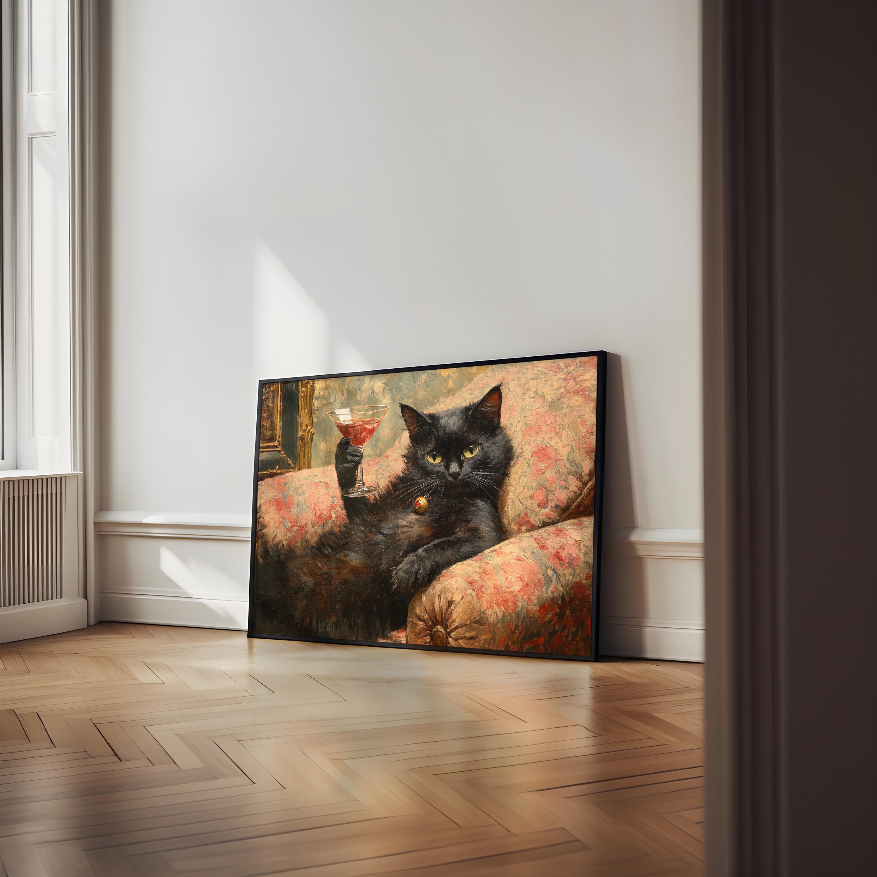 Black Cat Wine Wall Art Funny Printable Bar Kitchen Wall Decor Vintage ...