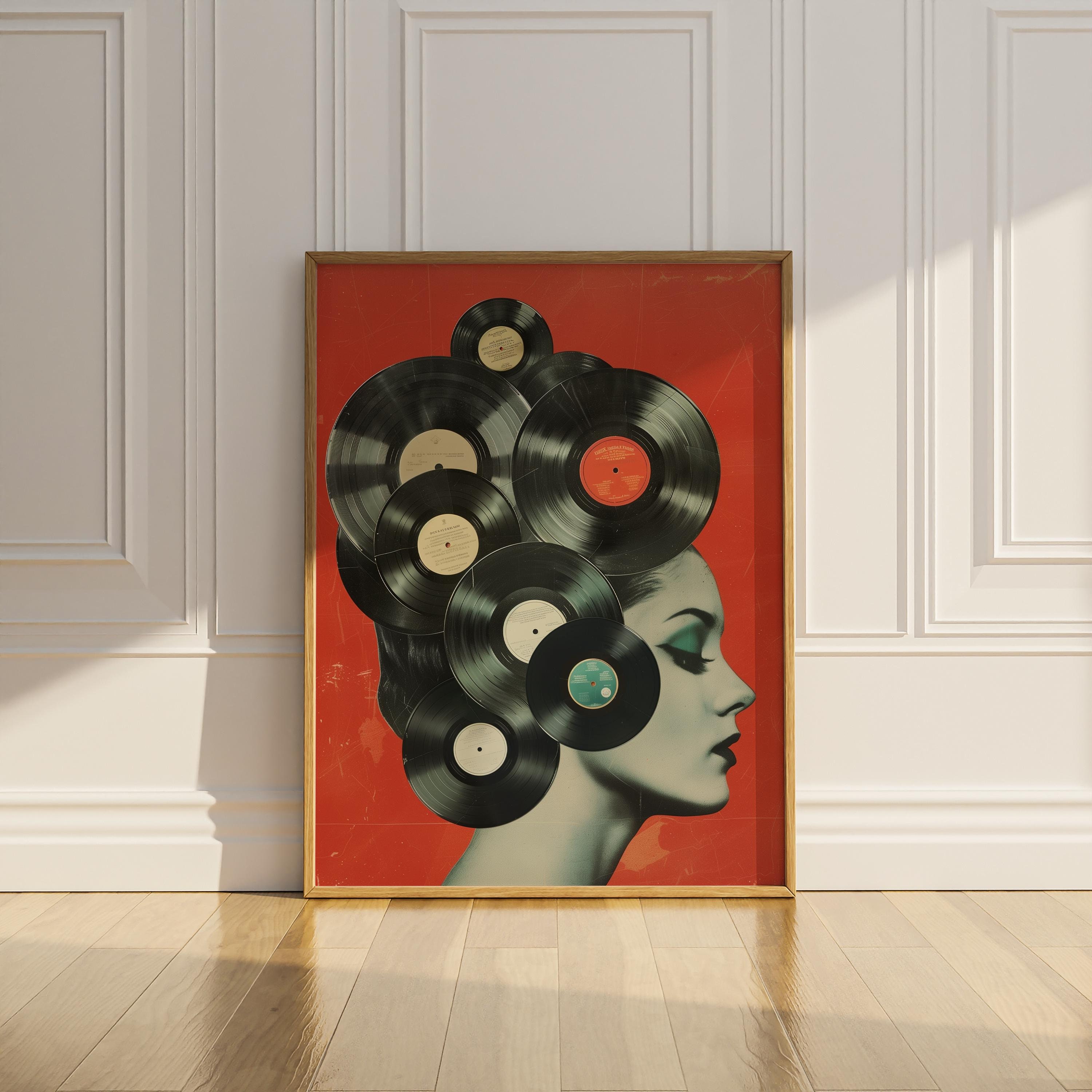 Vinyl Records Wall Art Printable Vintage Collage Modern Wall Decor DJ Retro 1950s Woman Music Lover Gift Home Decor Digital Download