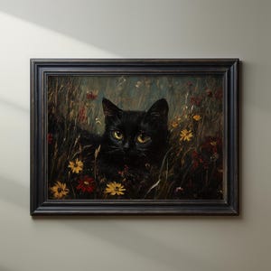 Black Cat Wildflower Poster Print Wall Art Dark Academia Maximalist Wall Decor Artful Gothic Cat Moody Vintage Oil Painting Matte Poster