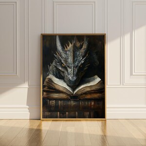 May include: A painting of a dragon reading a book. The dragon is gray and green with yellow eyes. The book is open and has brown pages. The dragon is sitting on a stack of books.