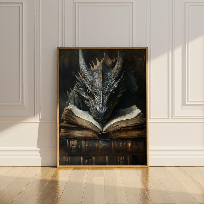 May include: A painting of a dragon reading a book. The dragon is gray and green with yellow eyes. The book is open and has brown pages. The dragon is sitting on a stack of books.