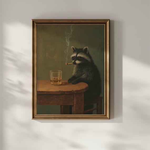 racoon smoking cigarette Smoking Raccoon Wall Art Funny Printable Whisky Wall Decor Moody Dark Humor  Digital Download