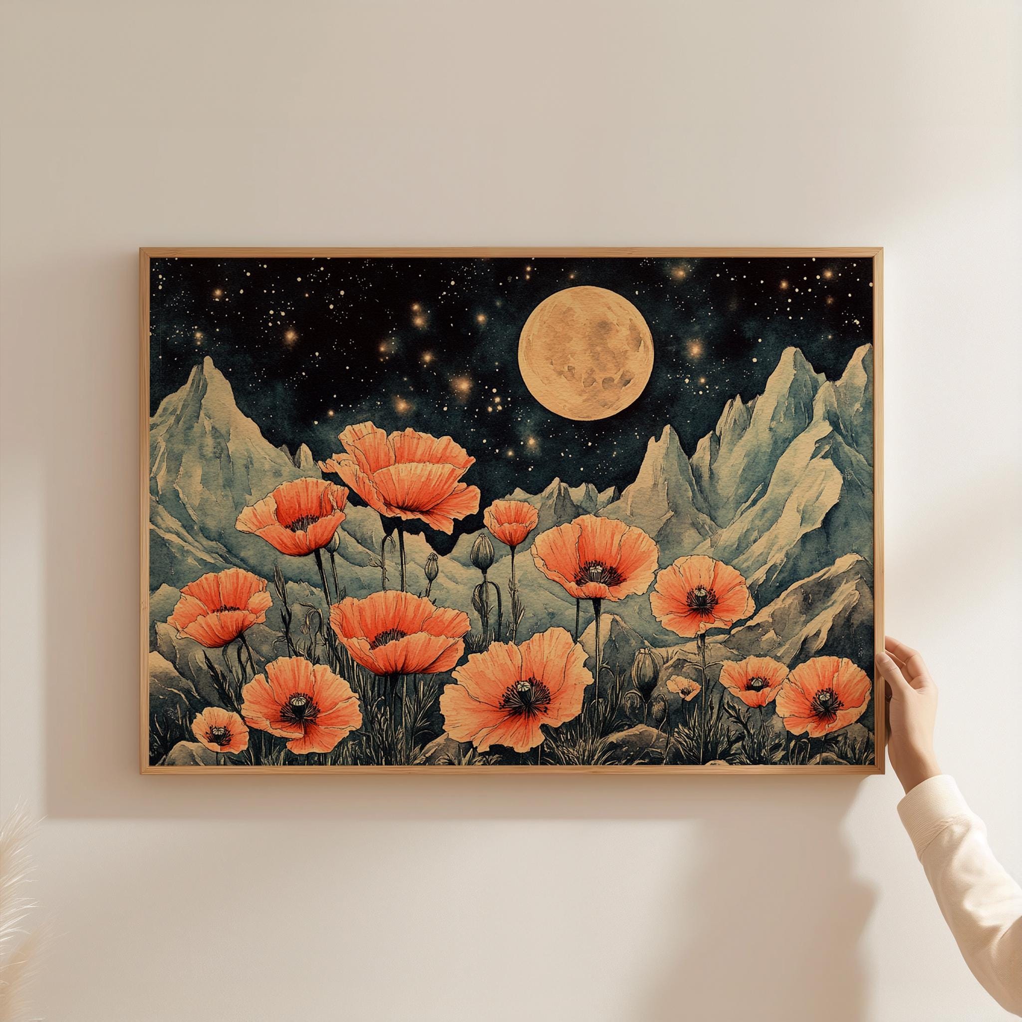 ポピーの花の壁アート ポピー 夜空 印刷可能 野生の花 花柄