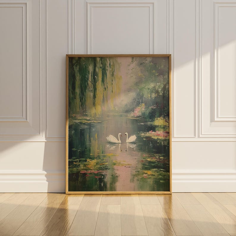 Swan Lake Wall Art Print Vintage Oil Painting Claude Monet Style Wall ...
