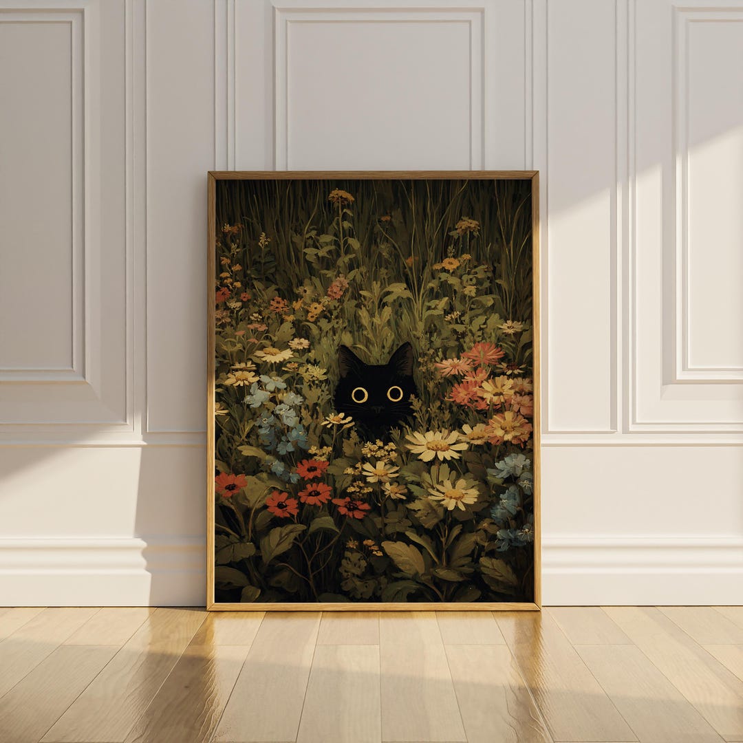 Black Cat Wildflower Poster Print Wall Art Vintage Flowers Floral Funny ...