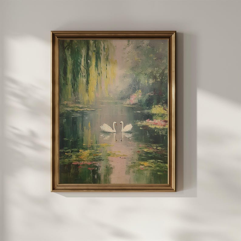 Swan Lake Wall Art Print Vintage Oil Painting Claude Monet Style Wall ...
