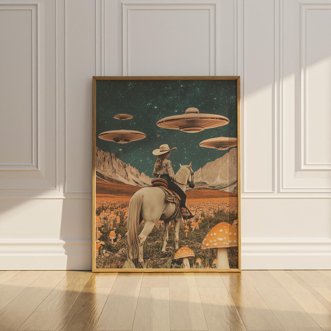 Cowgirl Riding Horse Vintage Collage Wall Art Mushroom UFO Trippy ...