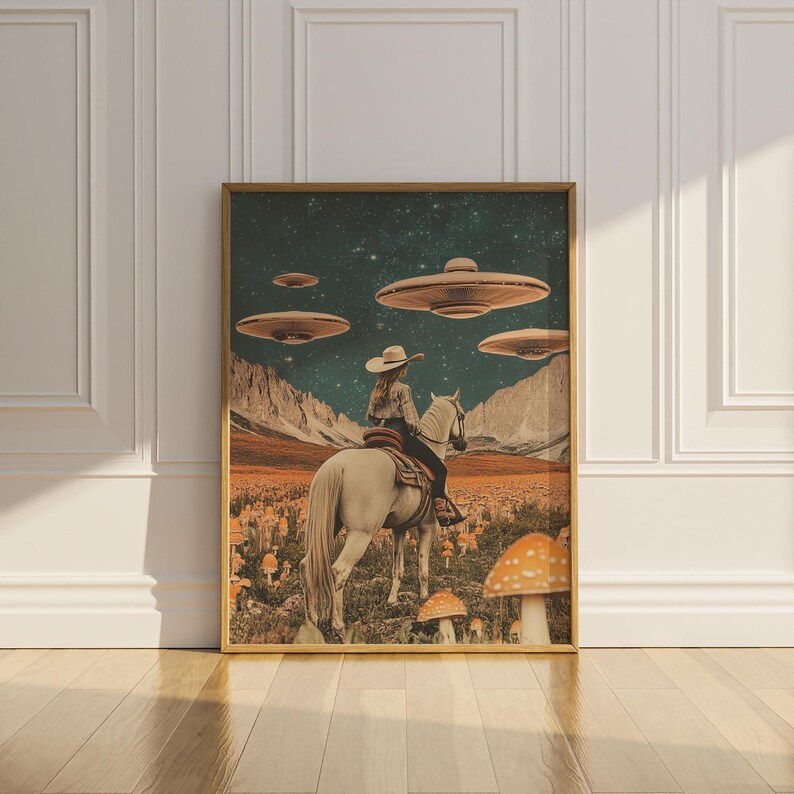 Cowgirl Riding Horse Vintage Collage Wall Art Mushroom UFO Trippy ...