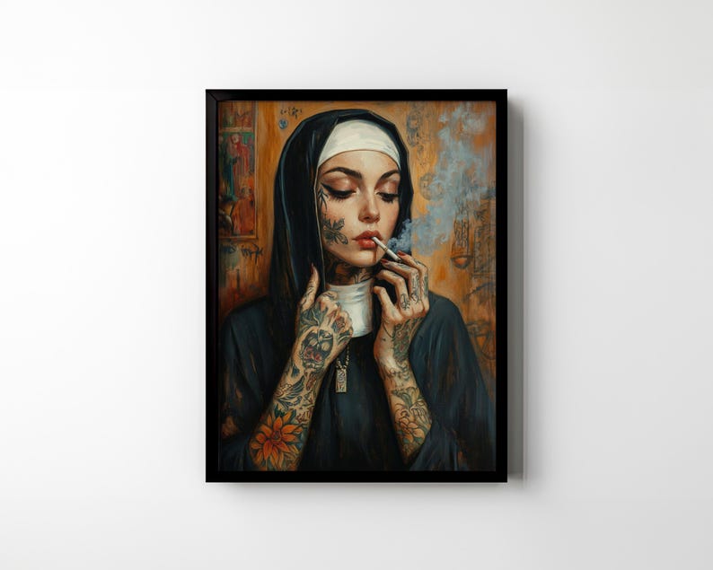 May include: Framed art print of a nun smoking a cigarette. The nun is wearing a black habit and a white wimple. Her arms and face are covered in tattoos. The background is a warm, textured color.