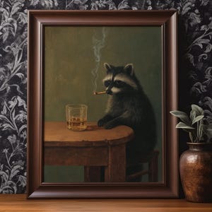 May include: A framed print depicts a raccoon seated at a table, smoking a cigarette, with a glass of amber liquid. The artwork has a vintage aesthetic, with a dark brown frame and a green background. The raccoon is the focal point.