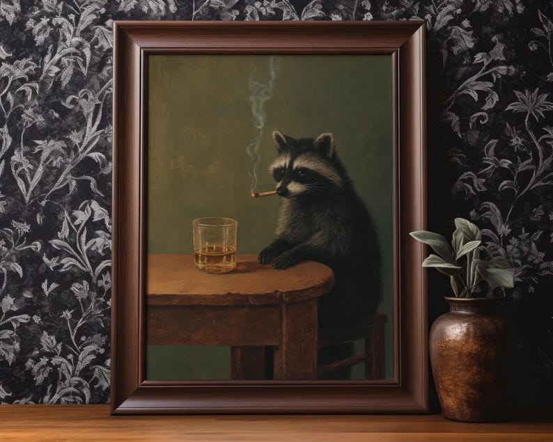 May include: A framed print depicts a raccoon seated at a table, smoking a cigarette, with a glass of amber liquid. The artwork has a vintage aesthetic, with a dark brown frame and a green background. The raccoon is the focal point.