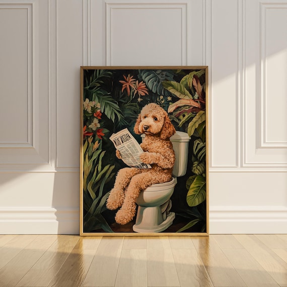 Funny Goldendoodle Bathroom Print, Botanical Dog Art (Digital Download)