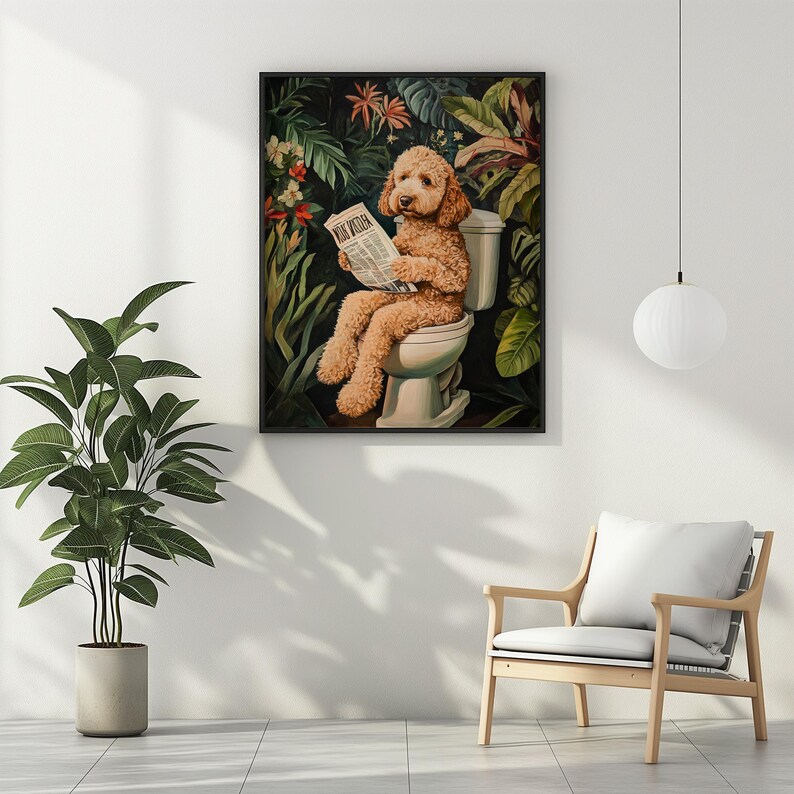 Peut inclure: Un chien brun et blanc assis sur des toilettes blanches dans un d&eacute;cor de jungle. Le chien lit un journal intitul&eacute; "The New Yorker".