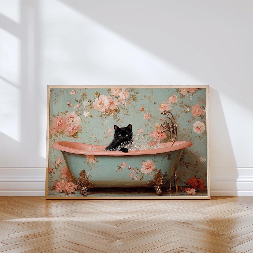 Cat Bathroom Wall Art Printable Funny Cute Black Cat in Bathtub Vintage ...