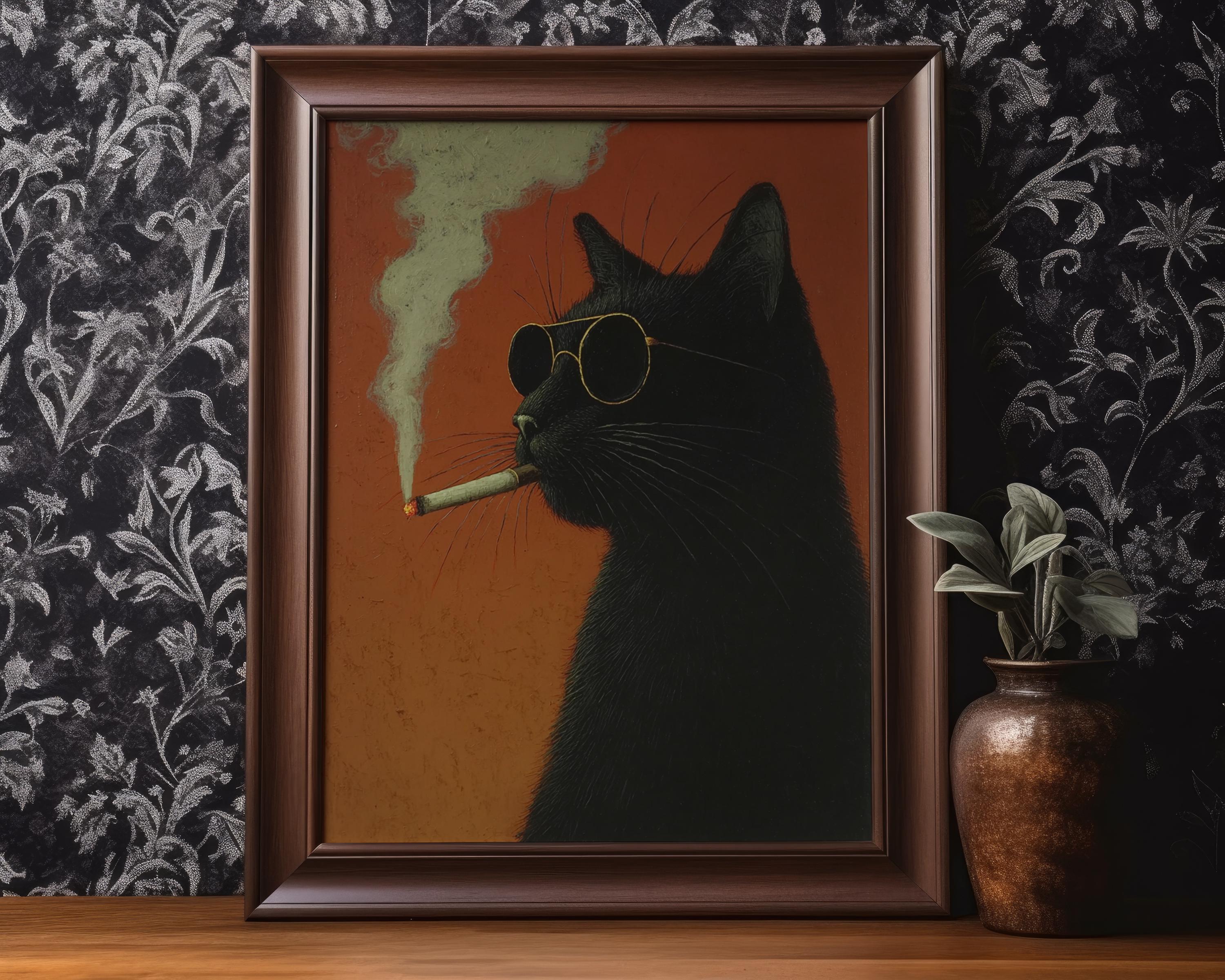 Smoking Cat Wall Art Print Funny Black Cat Wall Decor Moody Dark ...