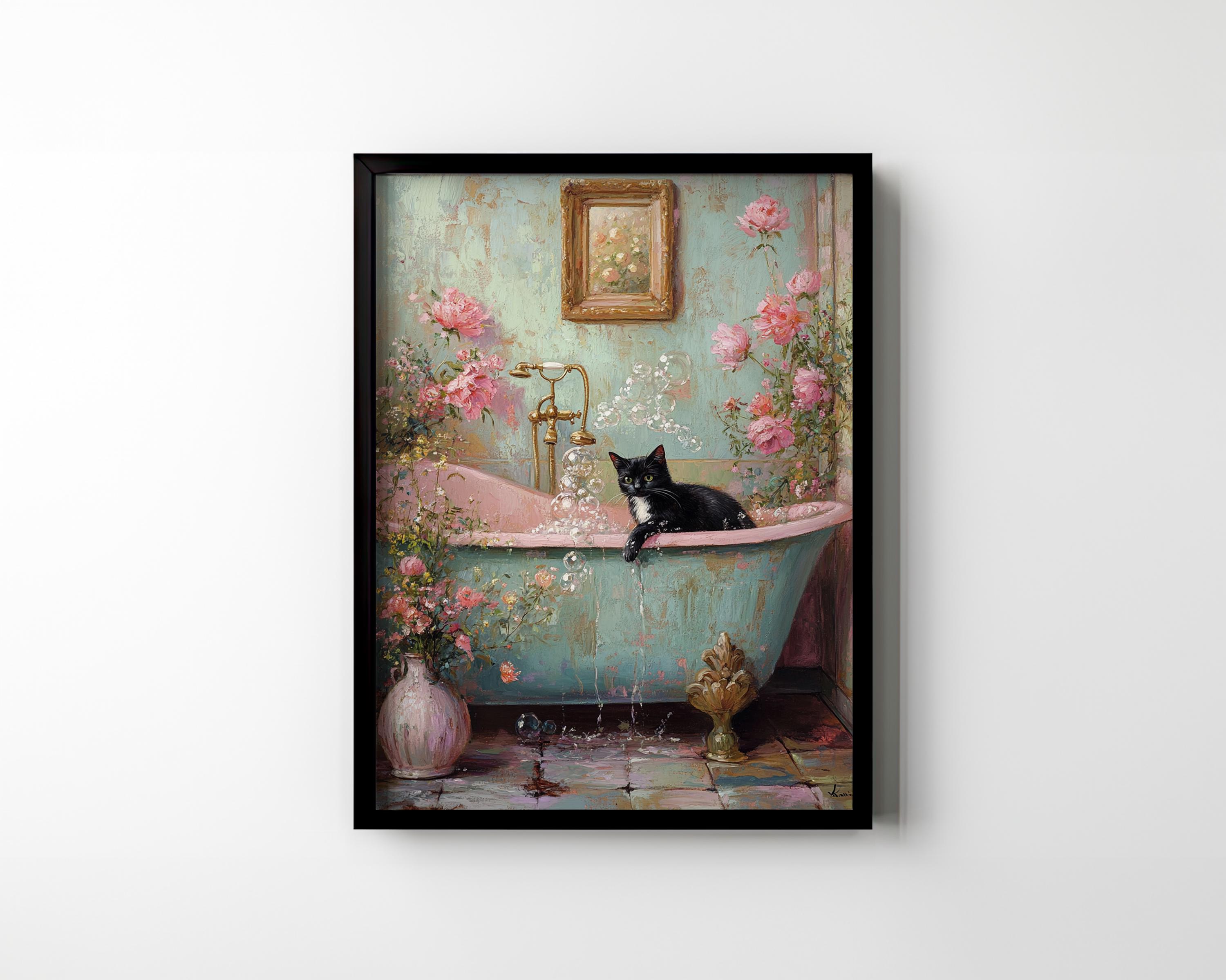 Cat in Bathtub Poster Print Black Cat Bathroom Wall Art Funny Wall ...