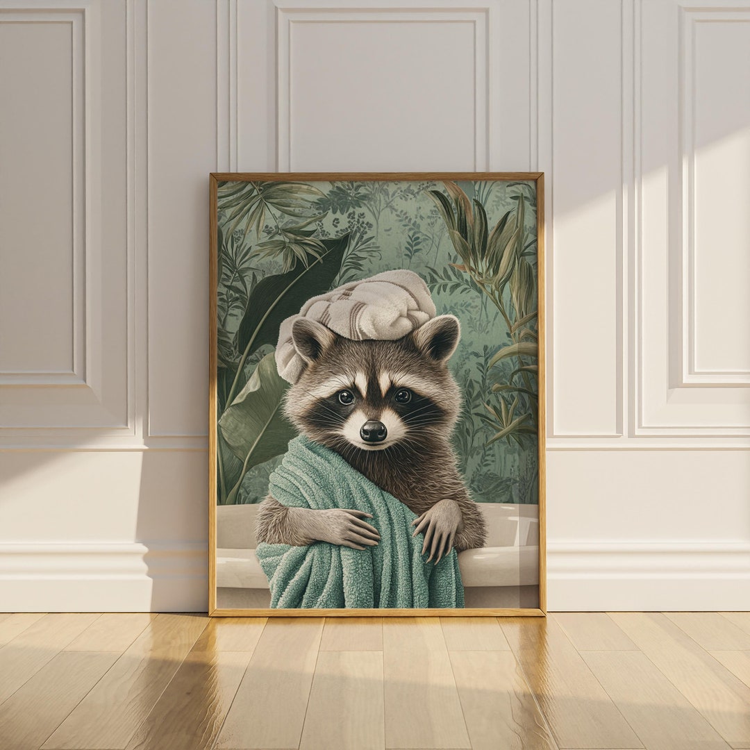 Raccoon Bathroom Print Poster Funny Raccoon Bathtub Towel Wall Art ...