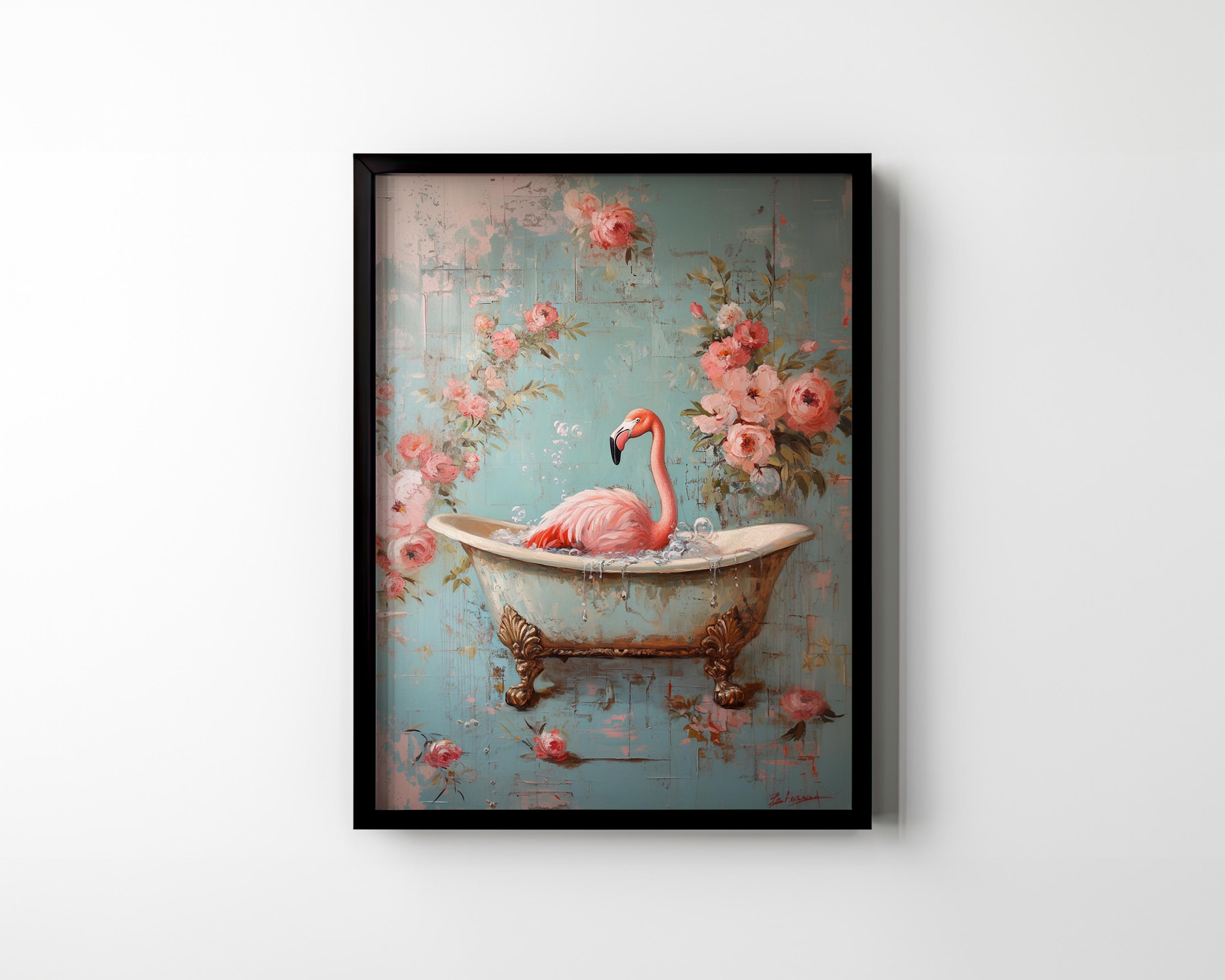 Flamingo Bathroom Wall Art Printable Funny Flamingo in Bathtub Vintage ...