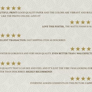 May include: A beige background with a repeating pattern and gold star ratings. Text includes phrases like "Beautiful print!" and "Love this poster." The overall theme is customer reviews and positive feedback.