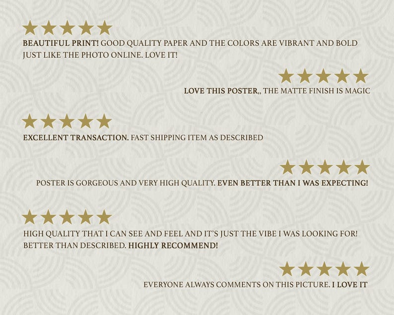 May include: A beige background with a repeating pattern and gold star ratings. Text includes phrases like "Beautiful print!" and "Love this poster." The overall theme is customer reviews and positive feedback.