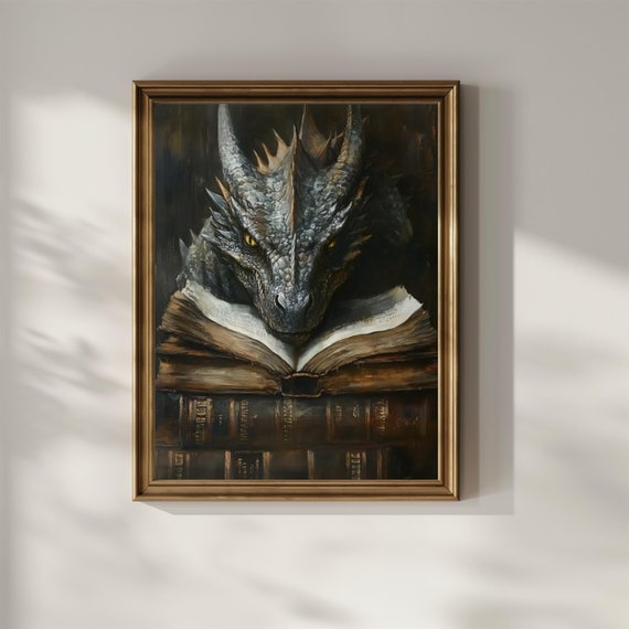 Book Dragon Dark Academia Wall Art Printable Fantasy Book Lover Wall Decor Vintage Oil Painting Bookworm Poster Print Digital Download