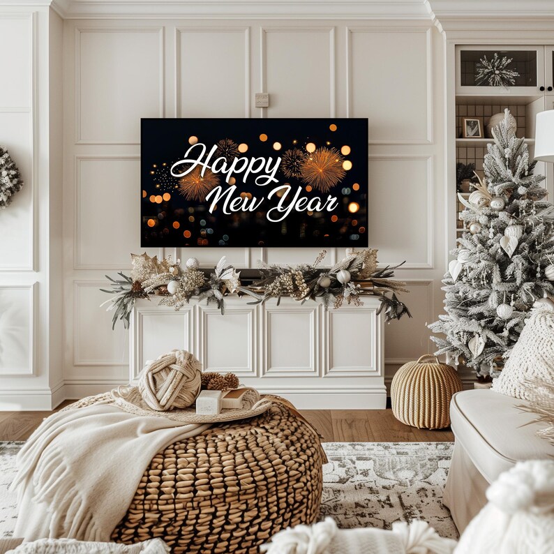 Frame TV Art Happy New Year 2025 Neutral Minimalistic NYE Golden