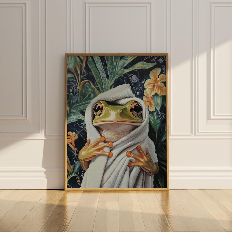 Frog Bathroom Print Poster Funny Toad Frog Towel Bathtub Wall Art ...