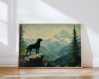 Paisagem de montanha, cachorro, labrador preto, arte de parede, pintura a óleo vintage, natureza, decoração de parede, labrador preto, presente, pôster, download digital