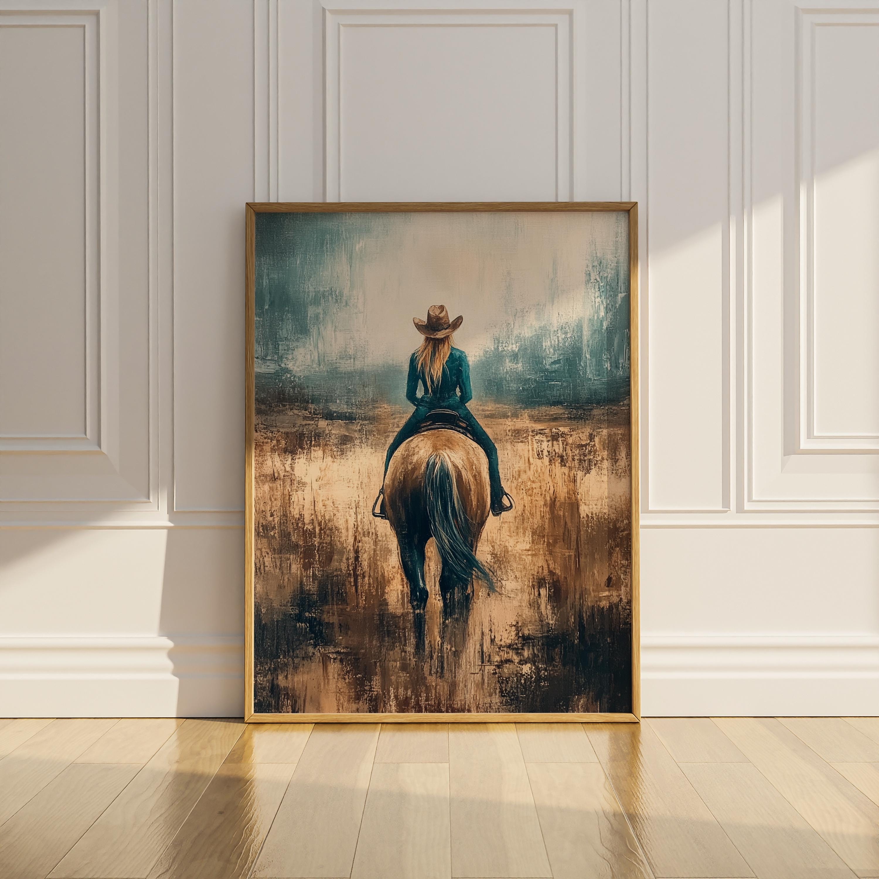 Cowgirl Riding Horse Oil Painting Poster Print Minimalist Vintage Wall ...