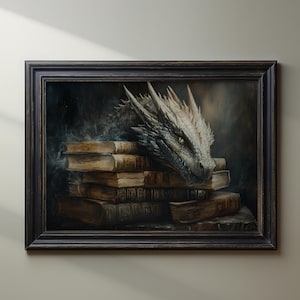 Livro Dragão Arte de Parede Imprimível Fantasia Amante de Livros Decoração de Parede Dark Academia Vintage Pintura a Óleo Antiga Impressão de Cartaz Download Digital