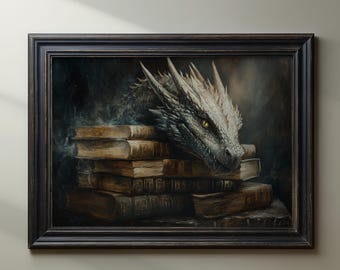 May include: A white dragon with yellow eyes rests its head on a stack of old, leather-bound books. The dragon's head is partially obscured by smoke or mist, adding a mystical feel to the image.