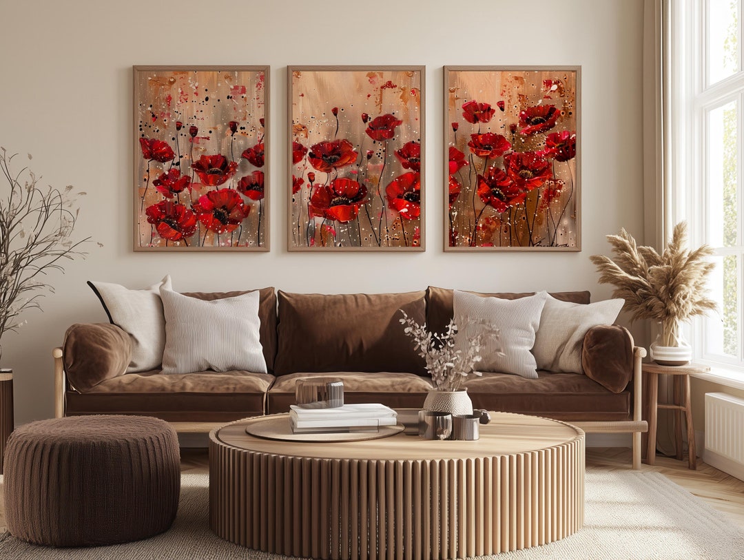 Poppy Flower Wall Art Set of 3 Pieces Printable Red Poppies Wildflower ...