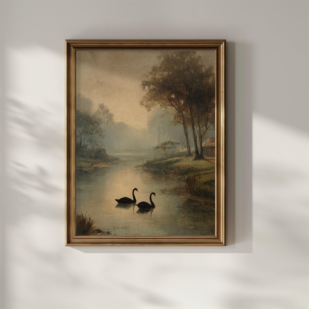 Black Swan Lake Wall Art Print Vintage Oil Painting Dark Academia Goth ...