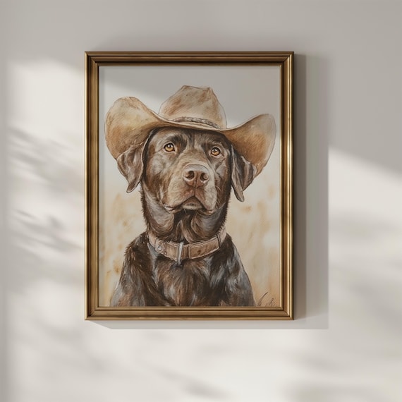 Chocolate Labrador Cowboy Hat Print Poster Funny Dog Wall Art Decor Vintage Painting Western Chocolate Lab Mom Dad Gift Idea Matte Poster