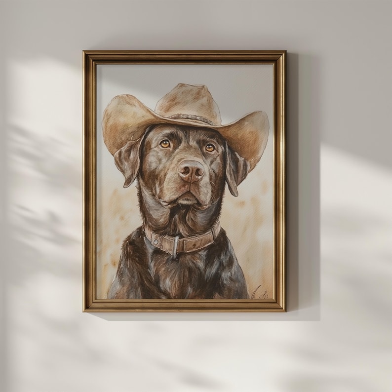 K&ouml;nnte beinhalten: Ein brauner Labrador Retriever, der einen braunen Cowboyhut tr&auml;gt. Der Hund schaut nach oben und hat einen ernsten Gesichtsausdruck. Der Hintergrund ist hellbraun.