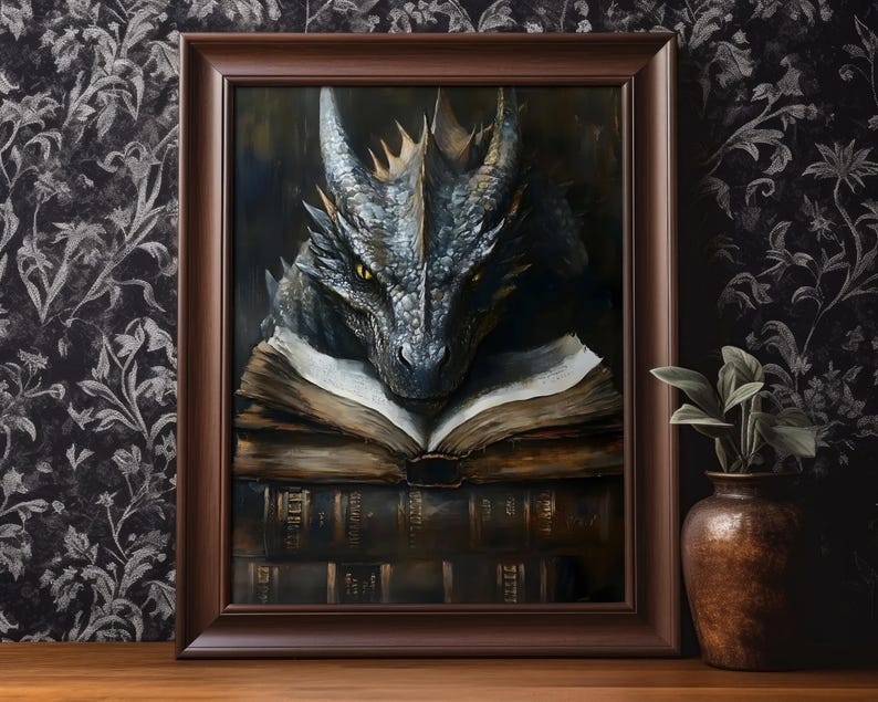 May include: A framed painting of a dragon reading a book. The dragon is blue and gray with a green eye. The book is open and has a brown leather cover. The background is a dark brown.