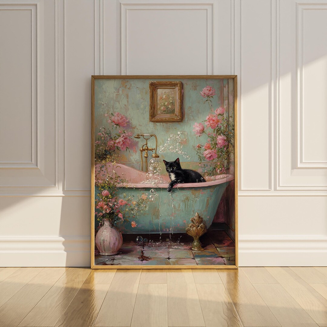 Cat in Bathtub Poster Print Black Cat Bathroom Wall Art Funny Wall ...