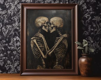 Küssen Skelette druckbare Wandkunst dunkel makabere Gothic Wand Kunst Antike Ölgemälde Moody Goth Halloween Poster Druck digitaler Download
