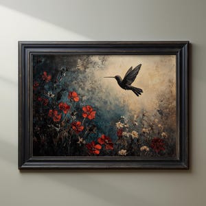 Wildflower Hummingbird Printable Wall Art Dark Academia Wall Decor Vintage Floral Oil Painting Aesthetic Black Gothic Bird Print Download