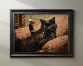 Black Cat Martini Glass Poster Print Wall Art Dark Academia Cat Wall Decor Vintage Oil Painting Funny Cocktail Bar Decor Matte Poster