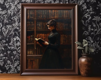 Victorian Woman Reading Book Wall Art Print Wall Decor Dark Academia Vintage Oil Painting Moody Library Book Lover Gift Matte Poster