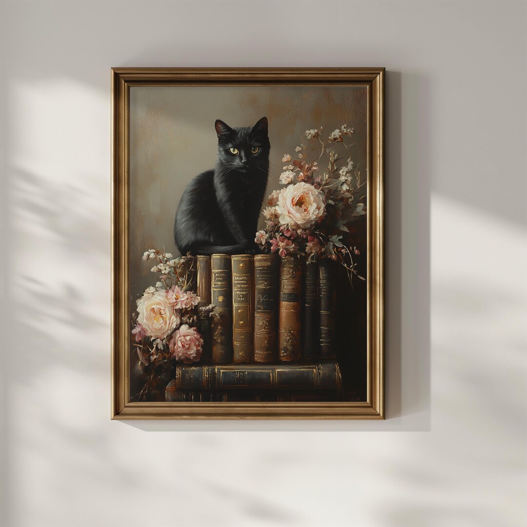 Dark Academia Wall Art Black Cat Books Poster Print Vintage Oil ...