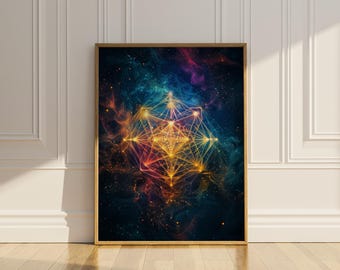 Arte de pared de geometría sagrada imprimible, impresión del cubo de Metatrón, decoración de pared, espiritual, vibrante, colorido, psicodélico, descarga digital