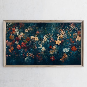 Frame TV Art Fall Wildflowers Earty Organic Dark Blue Teal Vintage Antique Oil Painting Floral Botanical Autumn Summer Digital Download
