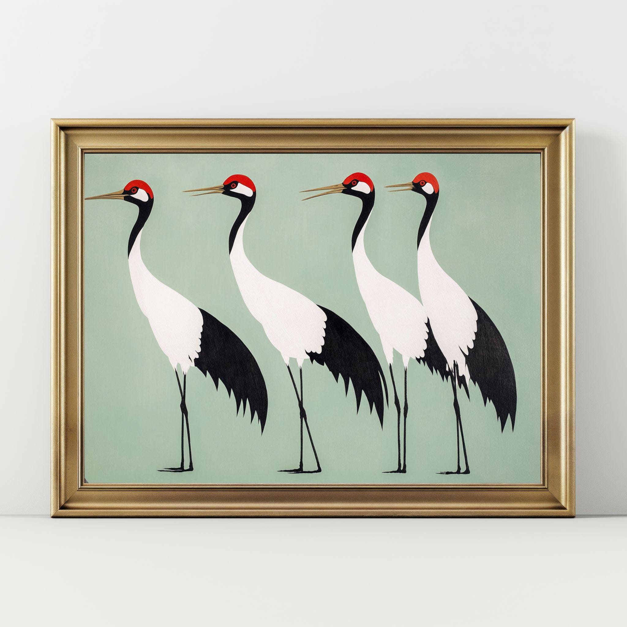 Japanese Cranes Wall Art Poster Print Sage Green Japandi Mid Century ...