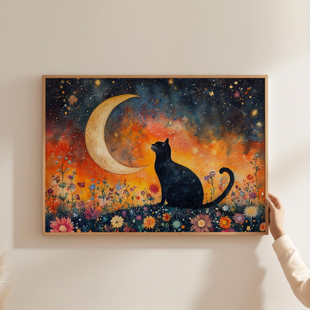 Black Cat Whimsical Wall Art Poster Print Dark Maximalist Wildflower ...